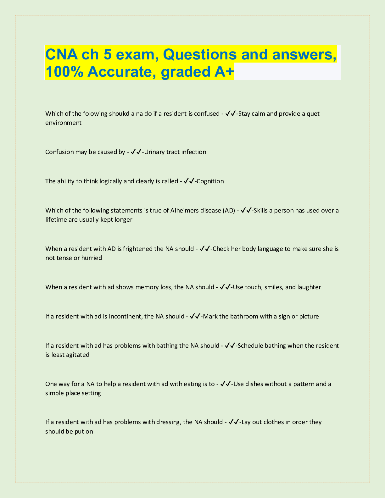 Preview image for CNA ch 5 exam, Questions and answers,  100% Accurate, graded A+